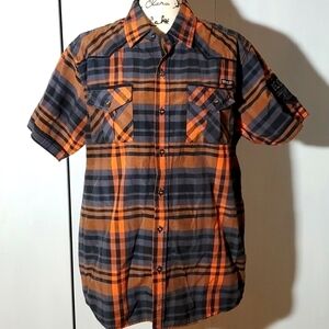 M.O7| Mens Orange/Tan Plaid Shirt Short-Sleeve Pockets Logo Preppy Size Large